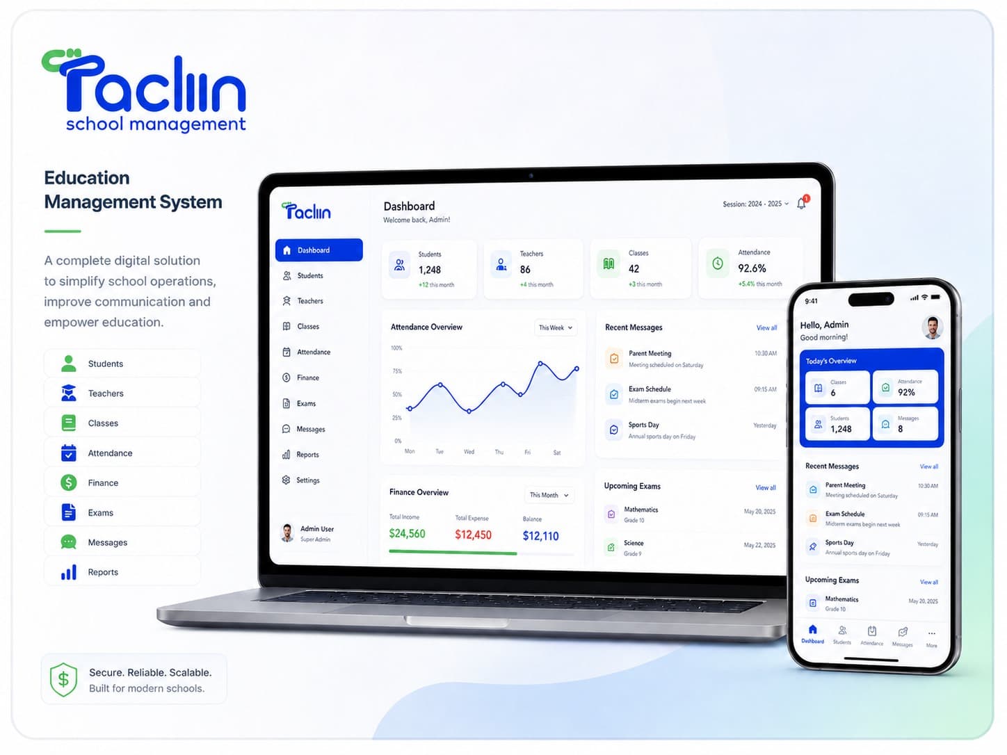 Tacliin education management system dashboard and mobile app