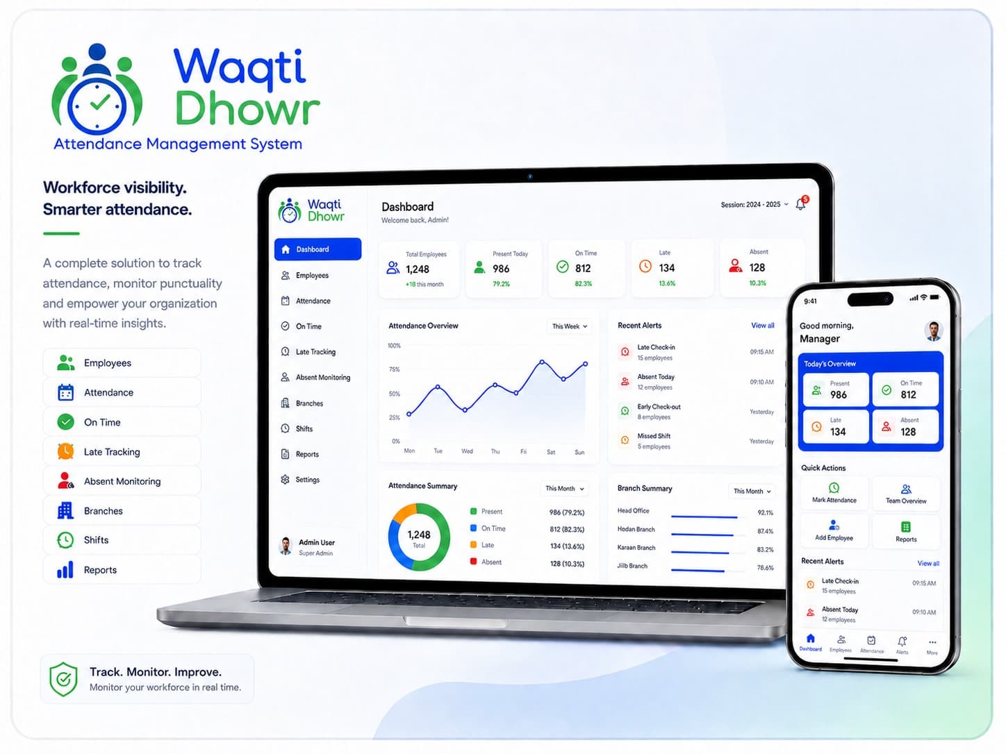 Waqti Dhowr employee attendance dashboard and manager mobile app